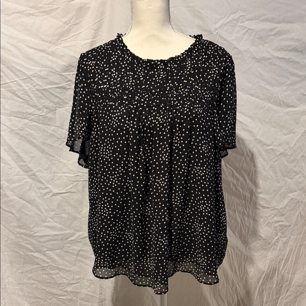 Smocked Neck Black Polka Dot Short Sleeve Blouse